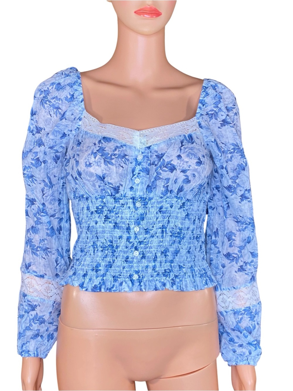 American Eagle Sweetheart Blouse Coquet Blue Floral Smocked Peasant Top SZ XS